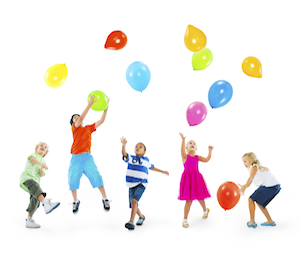 Five children with colorful balloons.