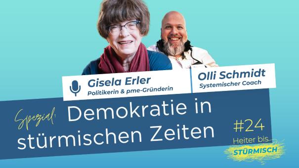 
		Grafik des Podcast Heiter bis stürmisch mit den Porträts von Oliver Schmidt und Gisela Erler
	