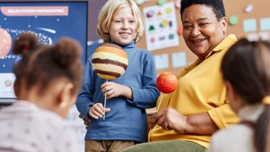 
		ein Kind und eine Erzieherin basteln Planetenmodelle
	