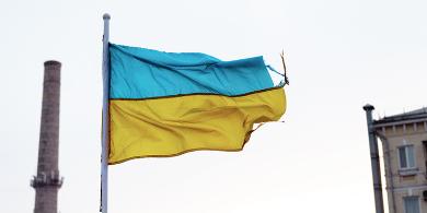 
		Ukrainische Flagge weht zerfleddert im Wind
	